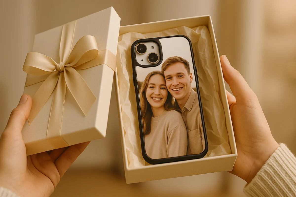 Custom photo phone case inside a luxury gift box held in hands.