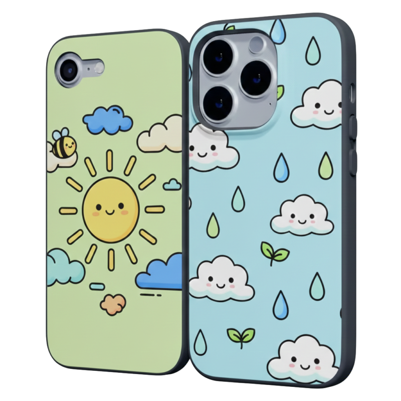 Two smartphone cases with kawaii-style weather patterns: the left case is light green with a smiling sun, clouds, and a bee; the right case is light blue with smiling clouds and raindrops.
