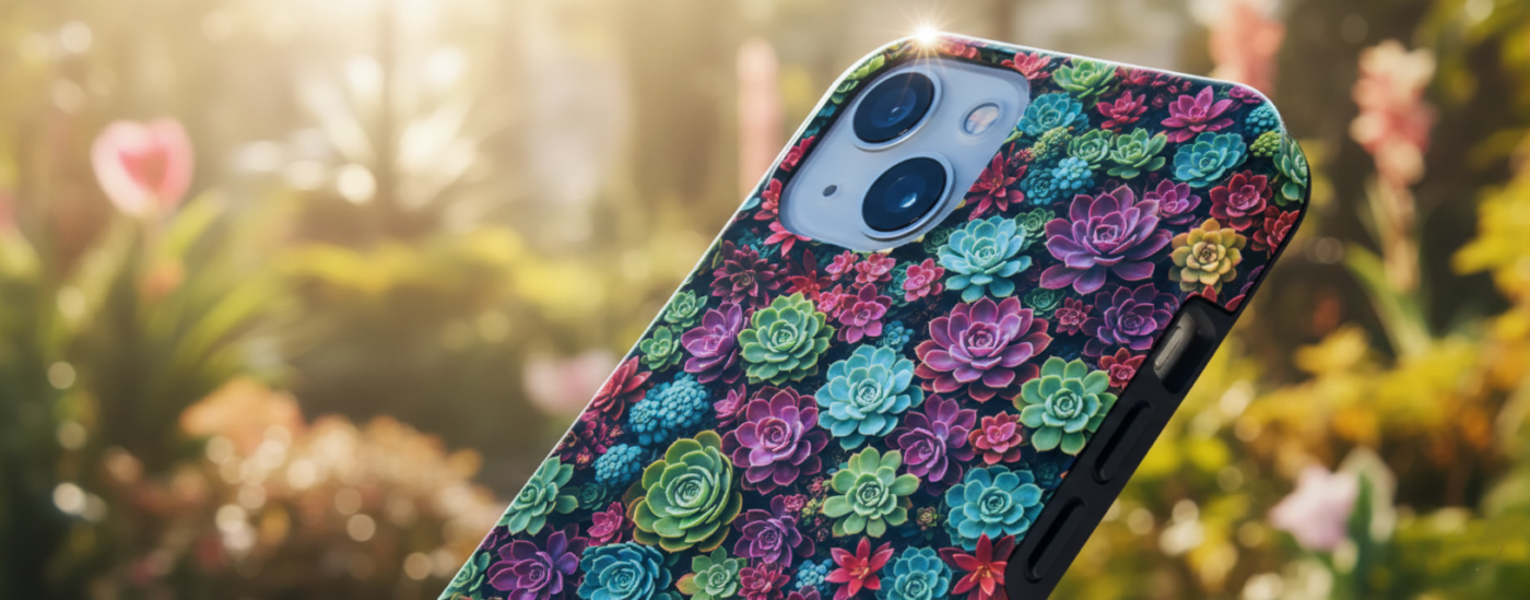 A close-up of a smartphone featuring a colorful succulent pattern case, held against a blurred, sun-drenched garden background with soft bokeh lighting