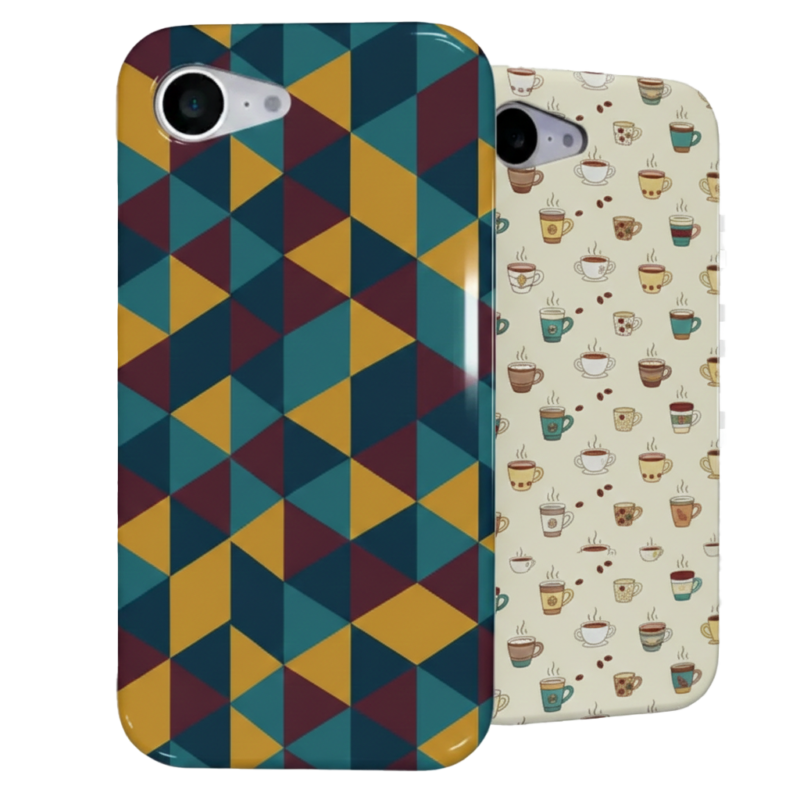 Two protective phone cases shown side-by-side against a transparent background. The front case features a bold teal, mustard, and maroon geometric triangle pattern. The back case features a cream background with a repeating pattern of small, colorful coffee mugs and beans.