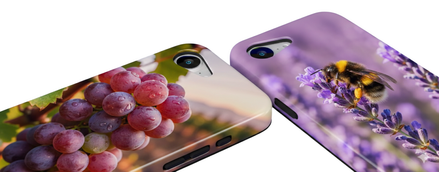 Two phone cases lying at an angle on a blue surface. The left case displays a macro photograph of a cluster of purple grapes with water droplets. The right case features a detailed close-up of a fuzzy bumblebee landing on bright purple lavender flowers.