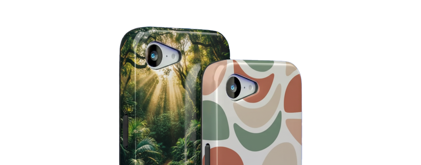 Two phone cases shown against a vibrant blue background. The left case features a high-definition photograph of a sun-drenched tropical forest with light beams hitting palm fronds. The right case features a minimalist abstract pattern of curved organic shapes in sage green, terracotta, and cream.