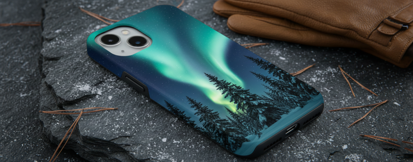 A smartphone in a custom case featuring a vibrant green and blue Aurora Borealis over a snowy pine forest. The phone is resting on a dark, textured slate rock with pine needles and light snow, next to a pair of leather gloves.