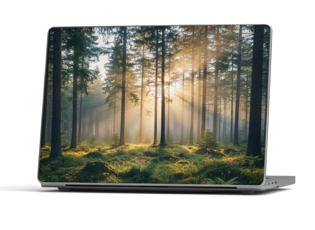 A sleek MacBook laptop featuring a custom full-surface skin on the lid, depicting a lush, sun-drenched evergreen forest. The artwork shows golden sunlight streaming through tall trees onto a mossy forest floor. The laptop is set against a clean, solid white background with soft, realistic shadows underneath, highlighting the vibrant green and gold tones of the nature-themed decal.