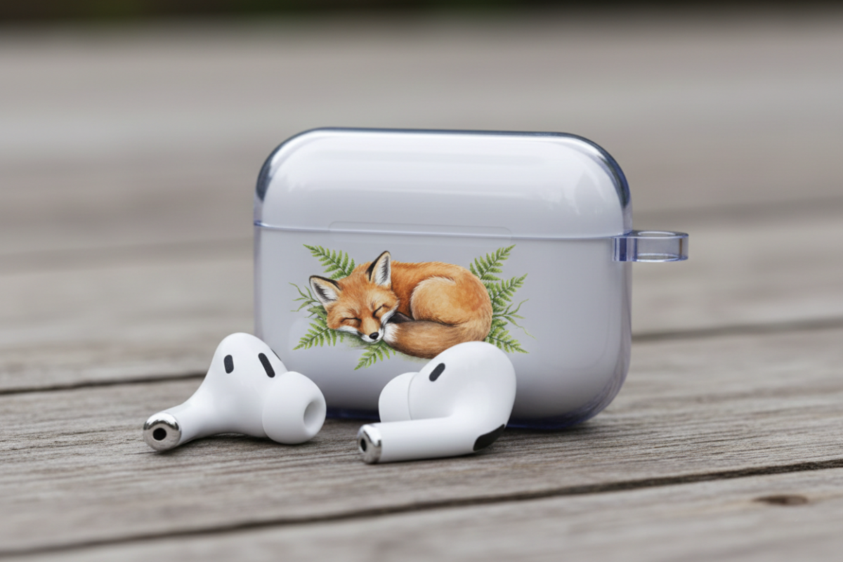 A closed white wireless earbud charging case with a small illustration of a sleeping red fox curled up on green ferns, sitting on a weathered wooden surface.