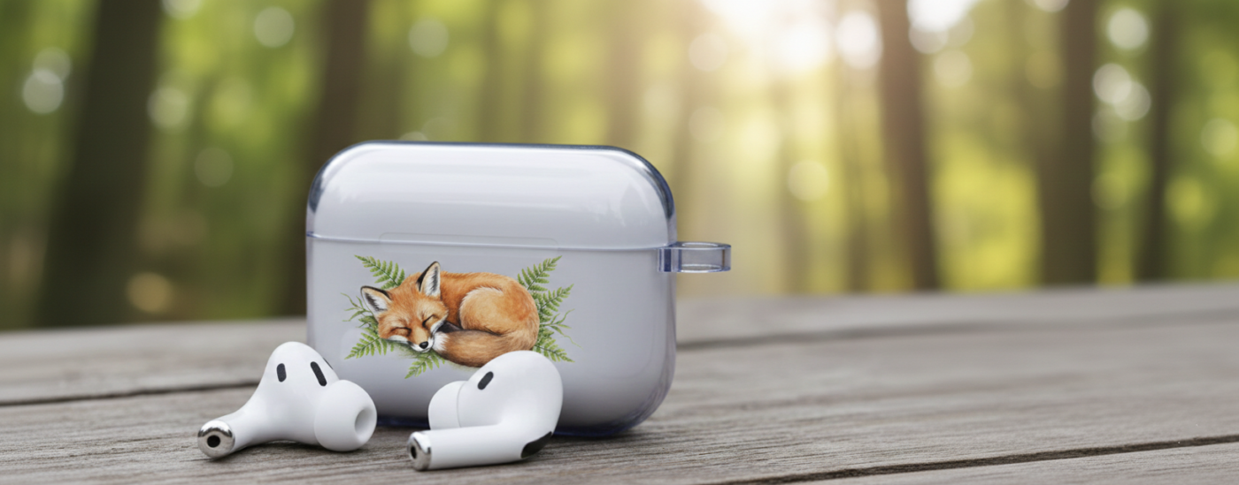 A closed wireless earbud charging case featuring an illustration of a sleeping red fox curled up on green ferns, sitting on a wooden surface with a blurred forest background.