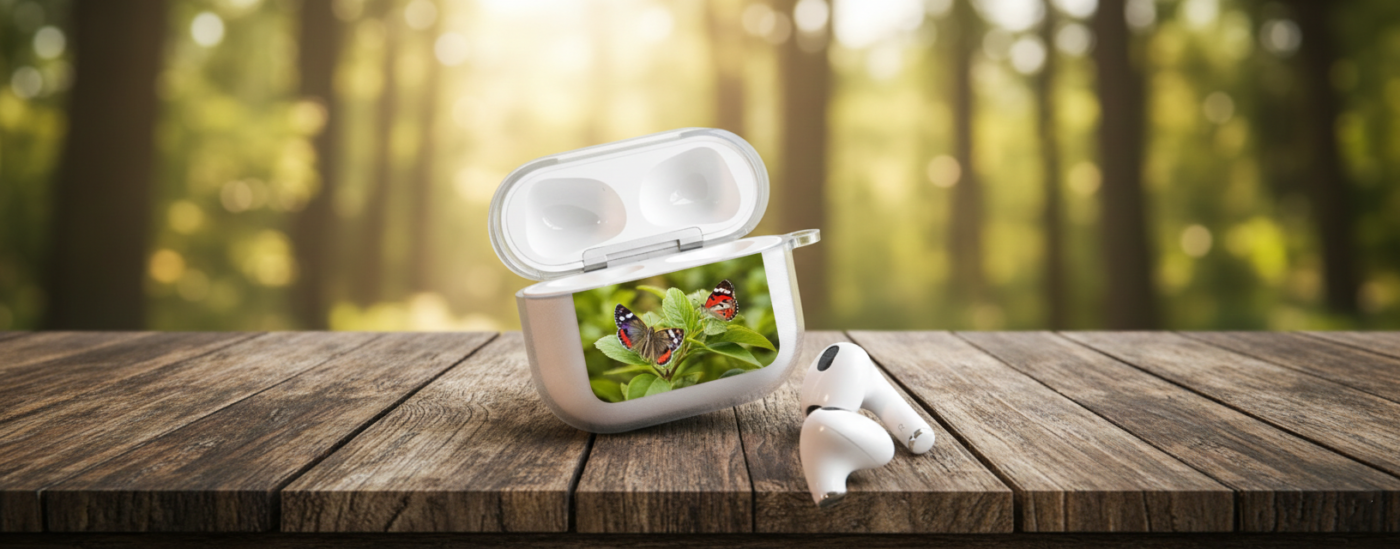 An open white wireless earbud charging case featuring a photographic print of two butterflies on green leaves, resting on a wooden picnic table in a sun-dappled forest.