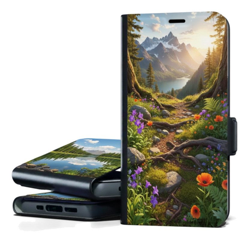 A flip-style smartphone wallet case featuring a vibrant nature illustration of a mountain trail, a serene lake, and colorful wildflowers under a sunset.