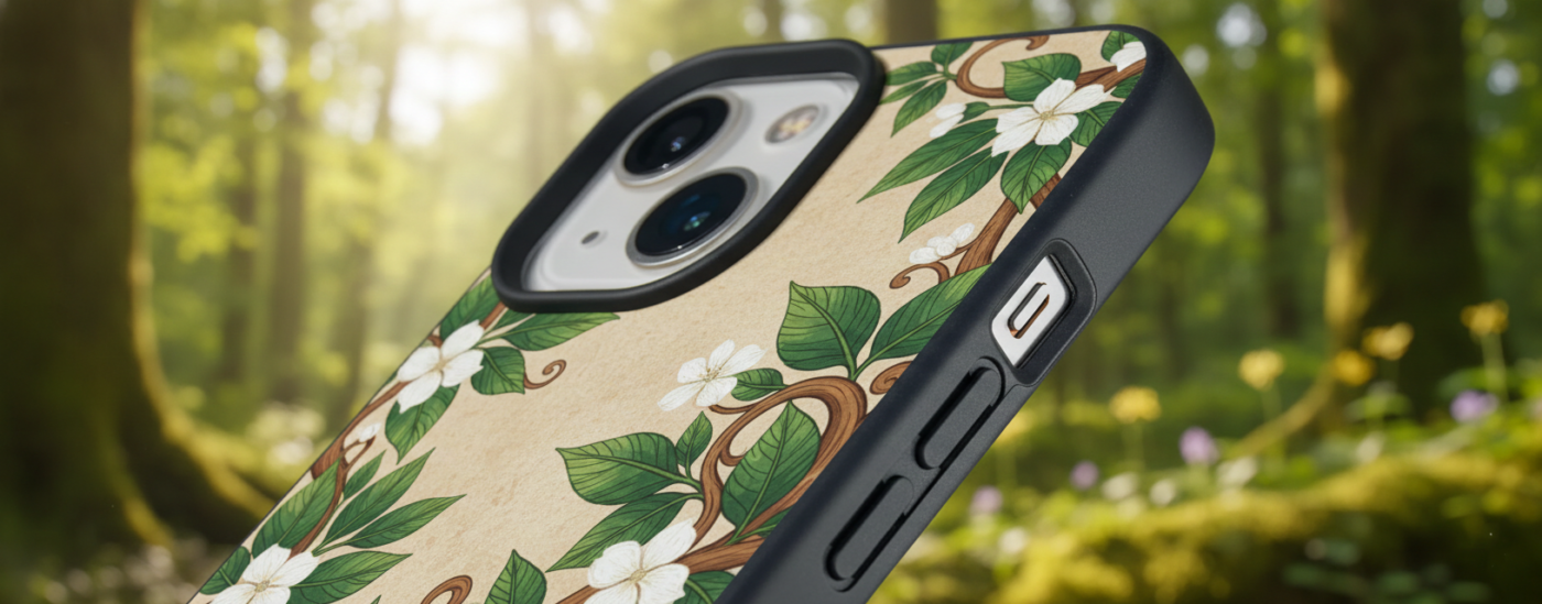 A close-up, angled view of a biodegradable smartphone case featuring a botanical illustration of white dogwood flowers and green leaves on a tan, recycled-paper texture background.