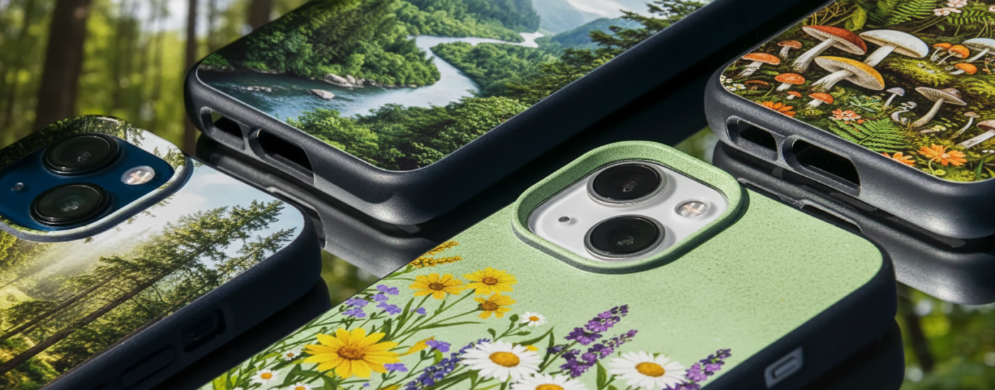 A collection of four biodegradable smartphone cases with nature-themed prints, including a winding river through a forest, a cluster of wild mushrooms, a dense evergreen forest, and a field of wildflowers.