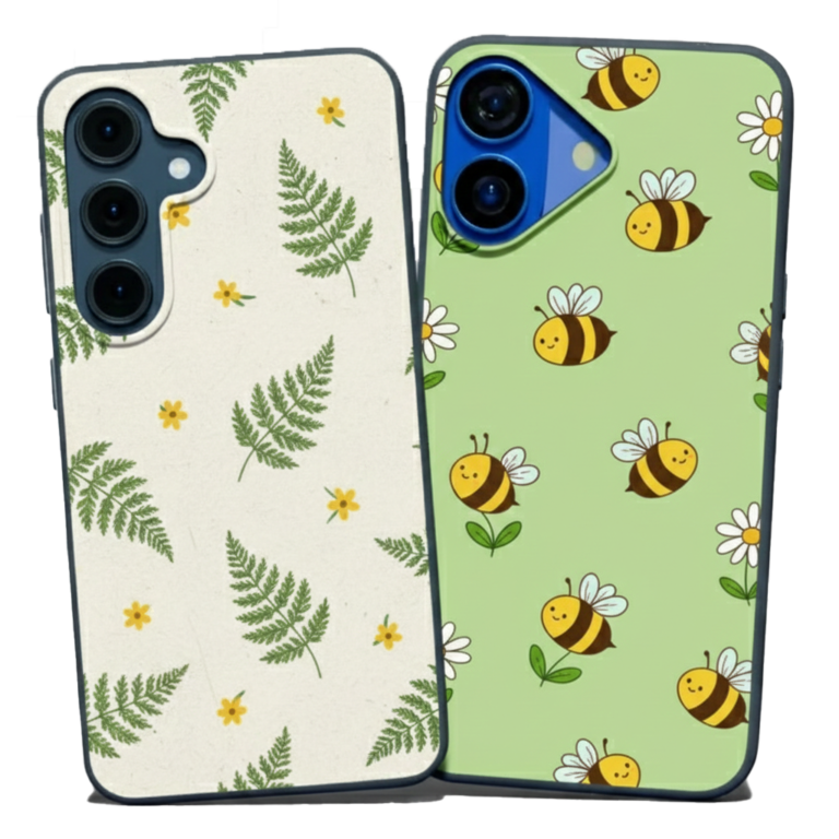 Two eco-friendly smartphone cases side-by-side; the left case features a minimalist green fern and yellow flower pattern on a cream background, while the right case features a cheerful repeating pattern of chubby bumblebees and daisies on a sage green background.