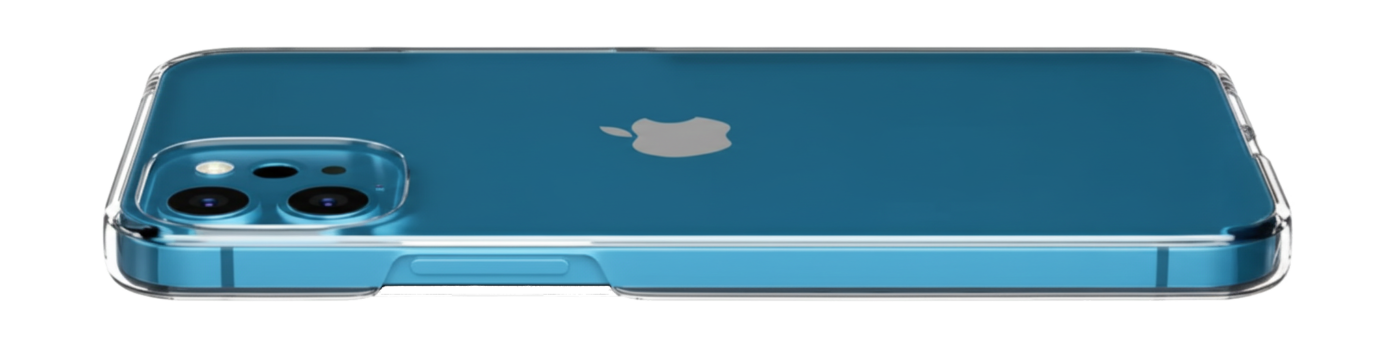 Side profile of a Pacific Blue iPhone in a slim, transparent clear case, showcasing the triple-camera module and sleek flat-edge design against a white background.