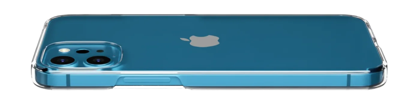 Side profile of a Pacific Blue iPhone in a slim, transparent clear case, showcasing the triple-camera module and sleek flat-edge design against a white background.
