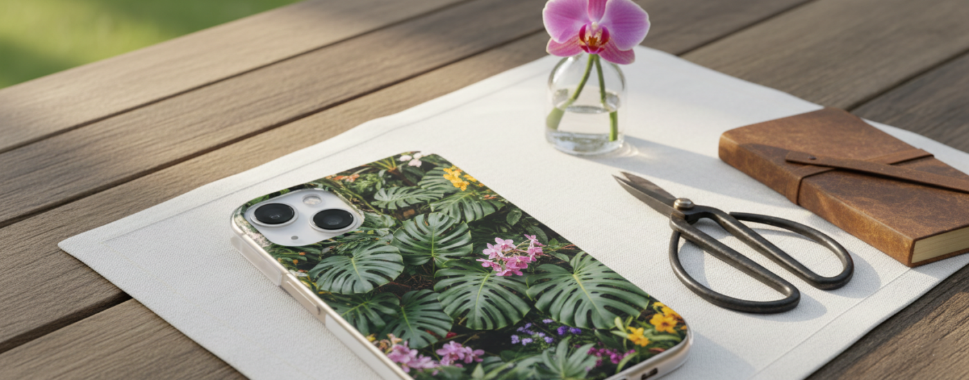 A smartphone with a lush monstera leaf and pink floral patterned case lying on a white linen mat atop a wooden garden table.
