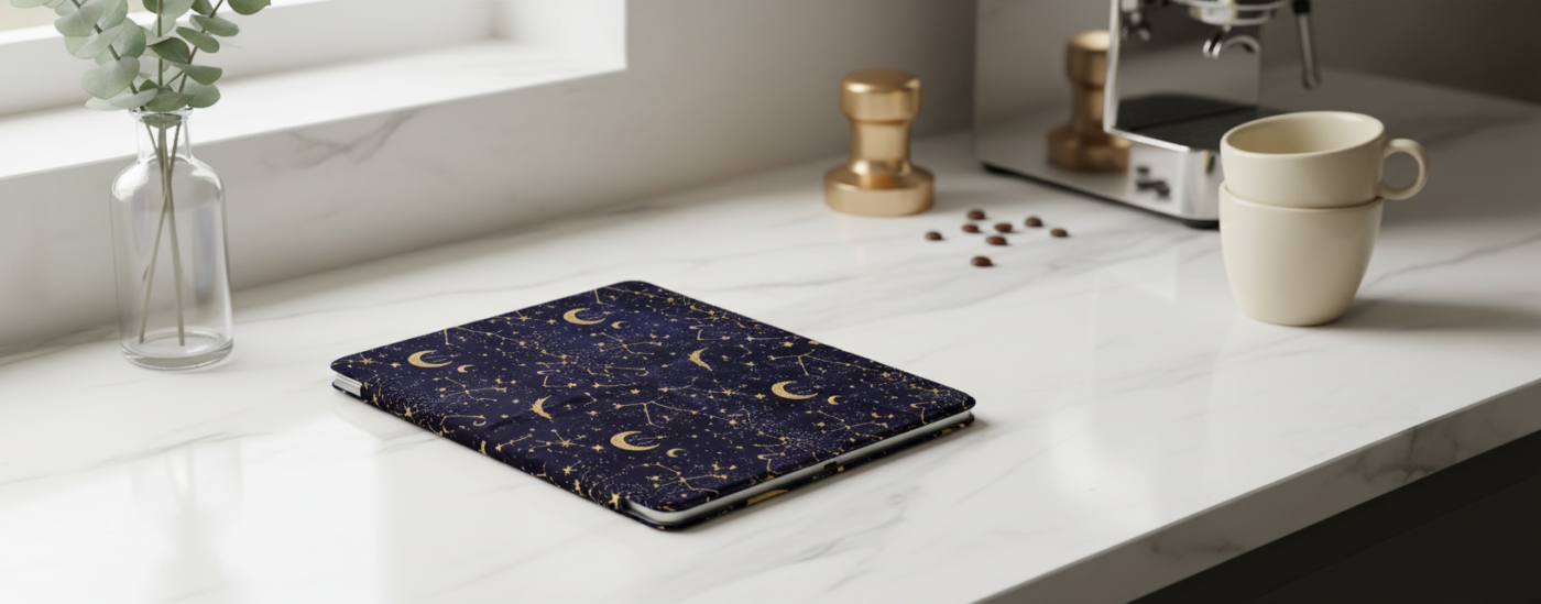 A dark blue tablet cover with gold crescent moons and constellation patterns lying on a white marble kitchen counter next to coffee cups and an espresso machine