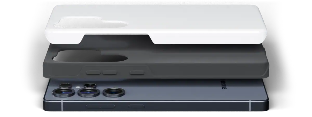 A dual-layer protective phone case featuring a vibrant turquoise ocean and cliffside landscape print, resting on natural sand in direct sunlight with soft shadows.