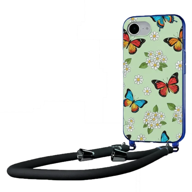 A light green smartphone case featuring a pattern of colorful butterflies and white daisies, attached to a thick black crossbody lanyard strap with silver metal connectors.