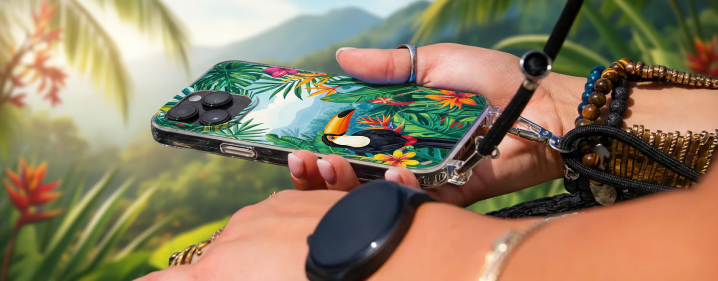 A close-up of a hand holding a smartphone with a tropical toucan and jungle leaf patterned case, featuring a crossbody strap, with a blurred mountain and palm tree landscape in the background.