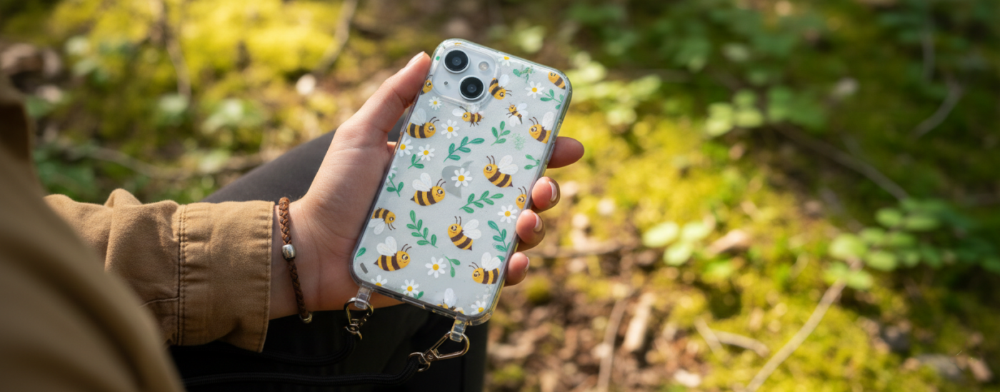 A close-up of a person holding a smartphone with a clear case featuring a pattern of cute bumblebees and white daisies, attached to a black crossbody lanyard strap with gold clips.