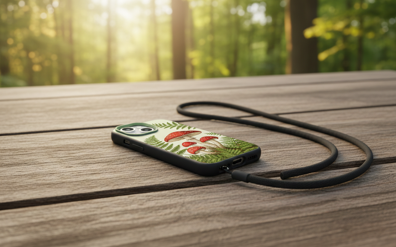 A smartphone case featuring a botanical illustration of red-capped mushrooms and green ferns, lying on a wooden picnic table with an attached black crossbody lanyard strap.