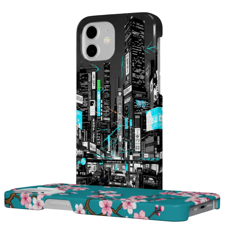 Two iPhone cases displayed against a solid white background: one standing upright with a black and white cyberpunk city illustration, and one lying flat with a teal cherry blossom floral pattern.