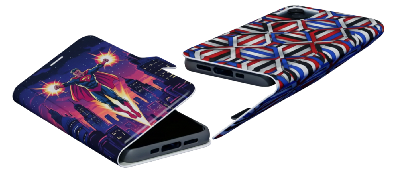 Two open wallet-style phone cases displayed on a plain light gray background. The left case features a colorful illustration of Superman flying over a city at night, while the right case features a red, white, and blue geometric line pattern.