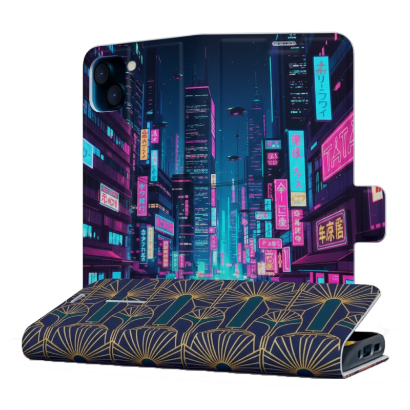 Two wallet phone cases displayed against a white background; one features a neon purple and blue cyberpunk city, the other a navy and gold Art Deco fan pattern.
