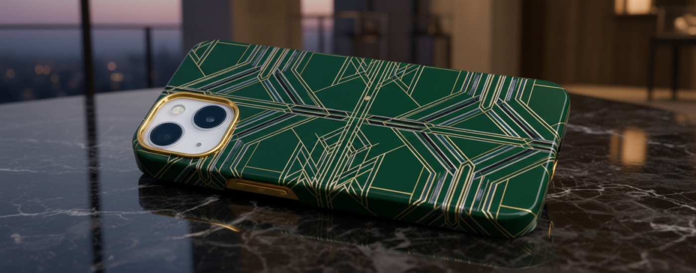 A luxury iPhone case with a deep emerald green finish and intricate gold geometric Art Deco patterns, resting on a polished black marble surface with a blurred city sunset in the background.