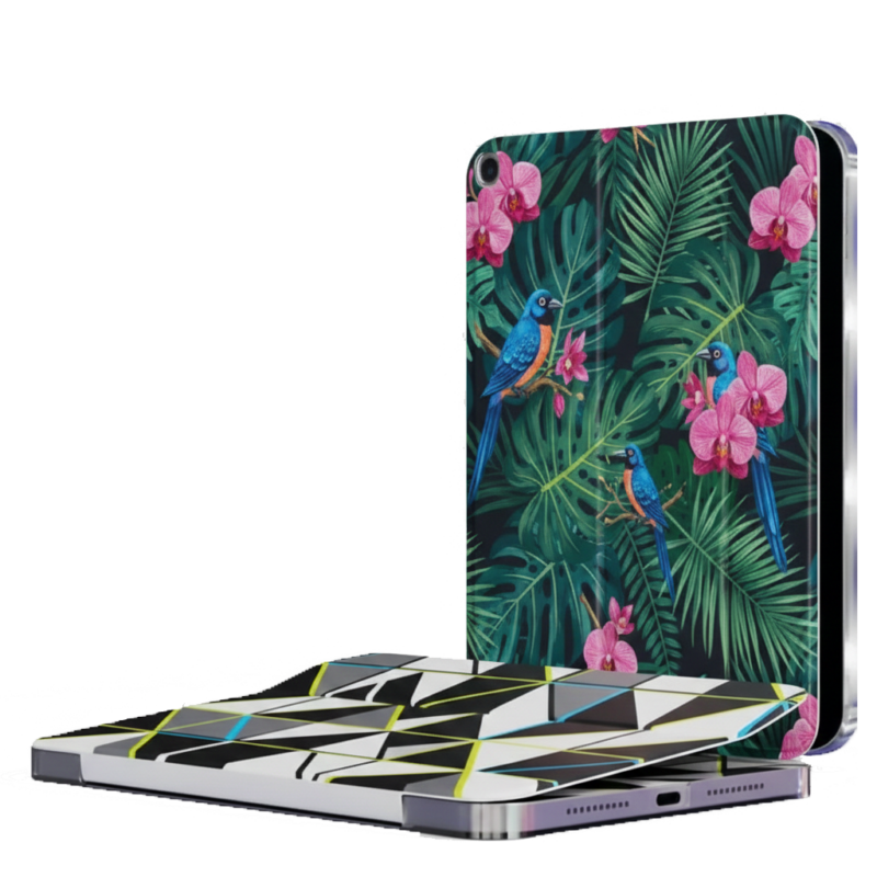 Two iPad folio cases displayed on a solid light gray background. One case features a lush tropical pattern with blue birds and pink orchids, while the other shows a modern black, white, and yellow geometric triangle design