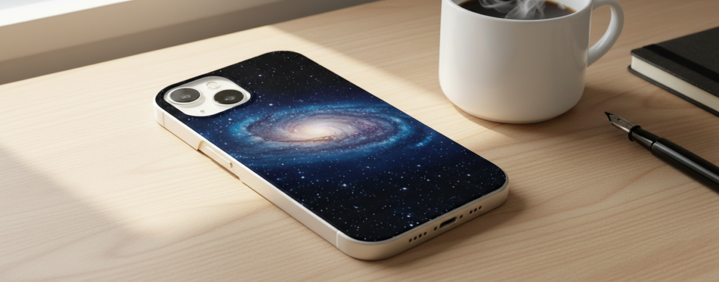 A smartphone featuring a vibrant blue and white spiral galaxy design on its back-printed case, lying on a light wooden desk next to a steaming cup of coffee.