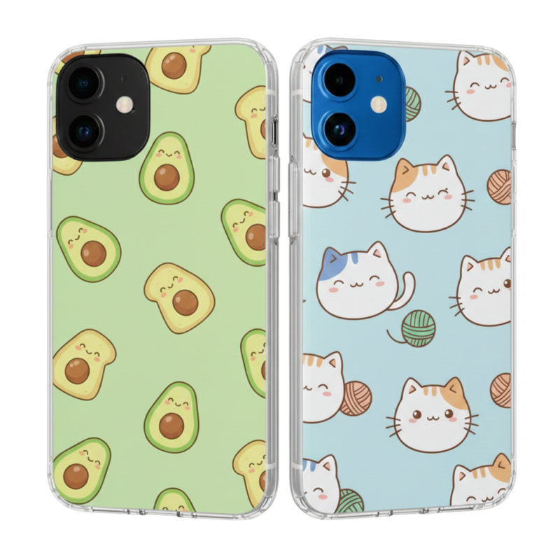 Two transparent iPhone cases side-by-side; the left case features a repeating pattern of smiling kawaii avocados on a pale green background, and the right case features various cute cat faces and yarn balls on a light blue background.