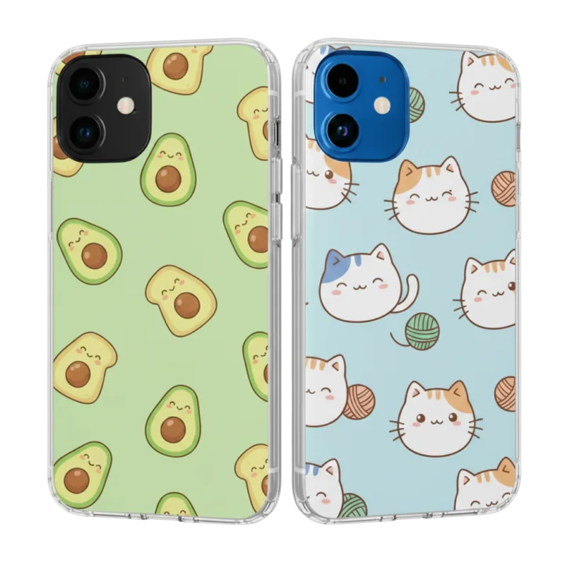Two transparent iPhone cases side-by-side; the left case features a repeating pattern of smiling kawaii avocados on a pale green background, and the right case features various cute cat faces and yarn balls on a light blue background.