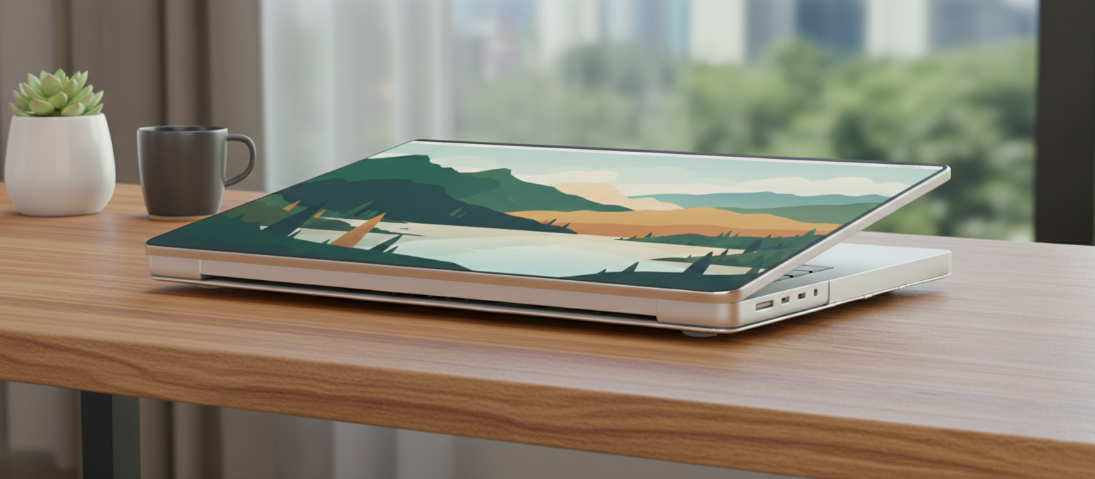 A silver laptop with a nature-themed landscape skin sitting slightly open on a wooden desk next to a potted succulent and a coffee mug.