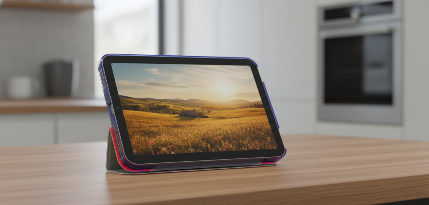 A small tablet in a colorful blue and red case sits propped up on a wooden kitchen counter, displaying a vibrant sunset landscape of rolling hills and a cottage