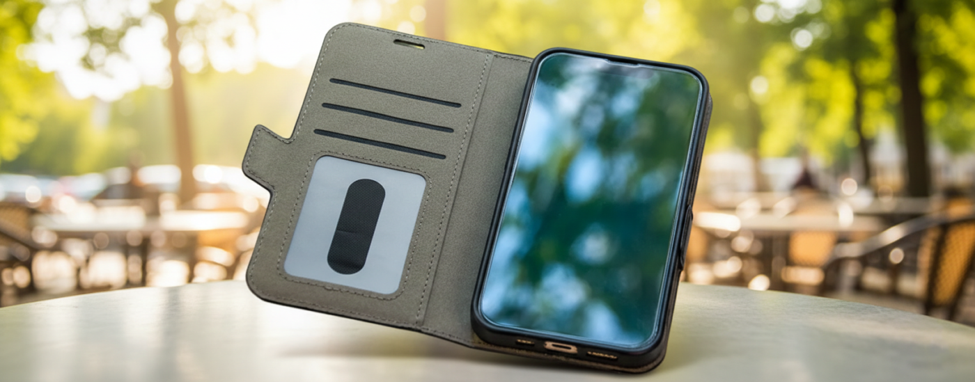 An open grey wallet-style phone case displaying card slots and an ID window, resting on a white bistro table at a sunlit outdoor cafe.