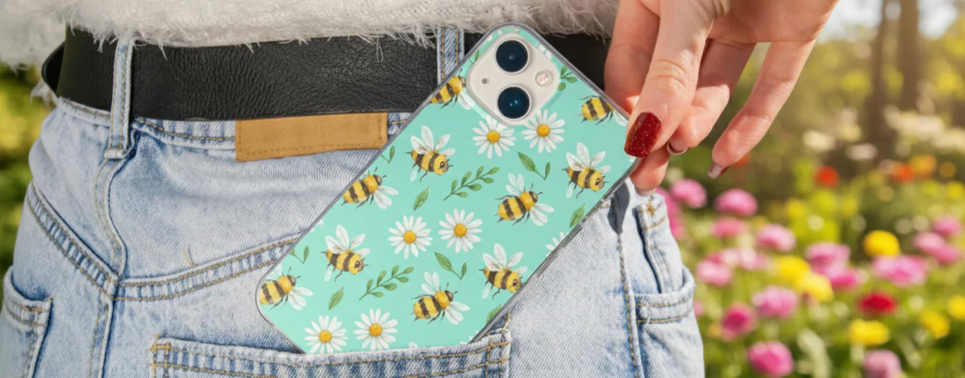 A hand with red nail polish is placing a phone with a light blue case featuring a pattern of bees and daisies into the back pocket of light blue jeans. The background is a sunny garden with green foliage and pink flowers.