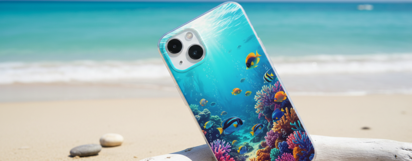 Išmanusis telefonas, atremtas į paplūdimio medieną ant smėlio; dėklas papuoštas ryškiu povandeniniu tropinių žuvų ir koralinių rifų vaizdu turkio spalvos vandenyno bangų fone.