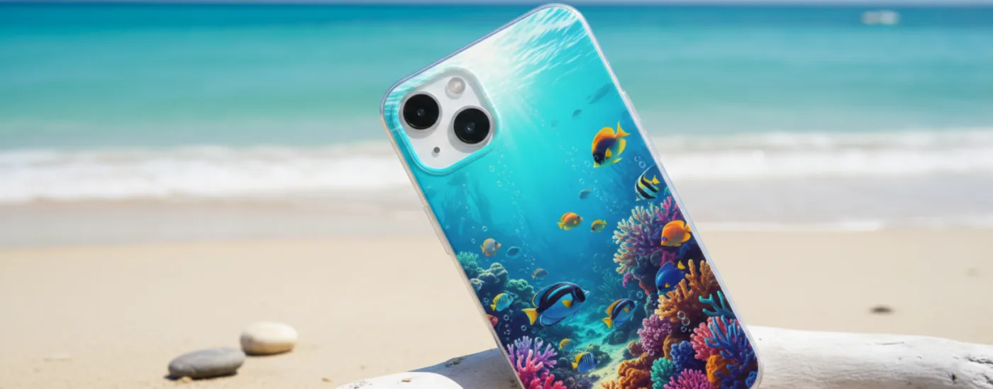 A smartphone leaning against driftwood on a sandy beach, featuring a phone case with a vibrant underwater scene of tropical fish and coral reefs, with turquoise ocean waves in the background.