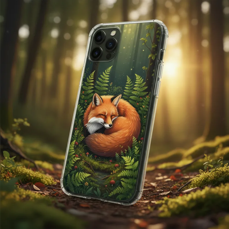 A clear smartphone case resting on a mossy forest floor. The case features a detailed, nature-inspired illustration of a red fox sleeping curled up among green ferns and tiny red mushrooms. Warm sunlight filters through the trees in the background.