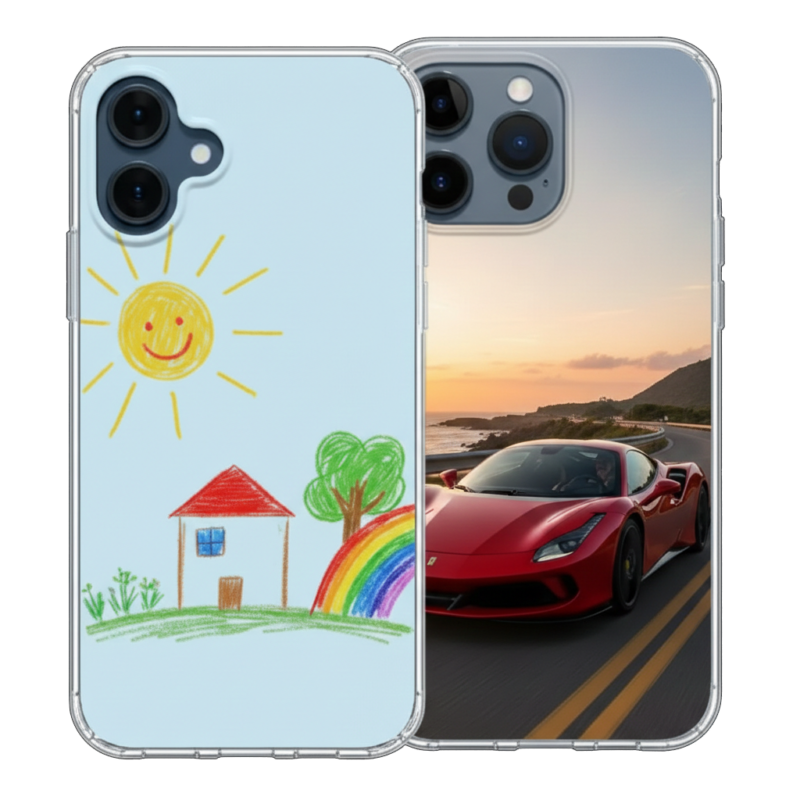 Du skaidrūs telefonų dėklai rodomi vienas šalia kito juodame fone. Kairysis dėklas pasižymi spalvingu vaikišku piešiniu (namas, saulė ir vaivorykštė), o dešiniajame matomas raudonas sportinis automobilis, važiuojantis pakrante per saulėlydį.