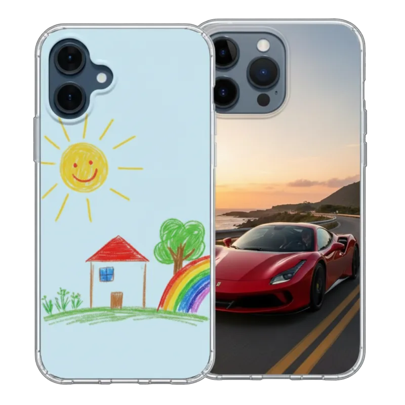 Two clear phone cases are displayed side-by-side on a black background. The case on the left features a colorful child's crayon drawing of a house, sun, and rainbow, while the case on the right shows a red sports car driving along a coastal road at sunset.