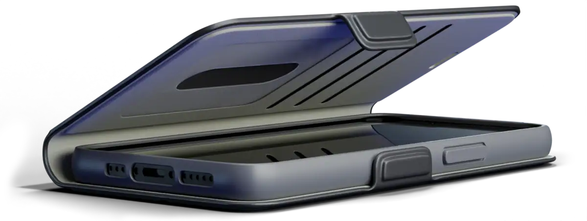 A low-angle side view of a black wallet phone case partially open, highlighting its slim profile and internal card slots.