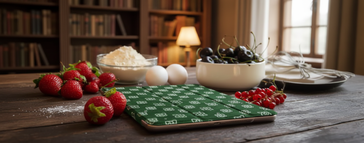 A tablet in a green patterned case lying on a dark wooden table surrounded by fresh strawberries, cherries, eggs, and a bowl of flour, with a blurred bookshelf in the background.