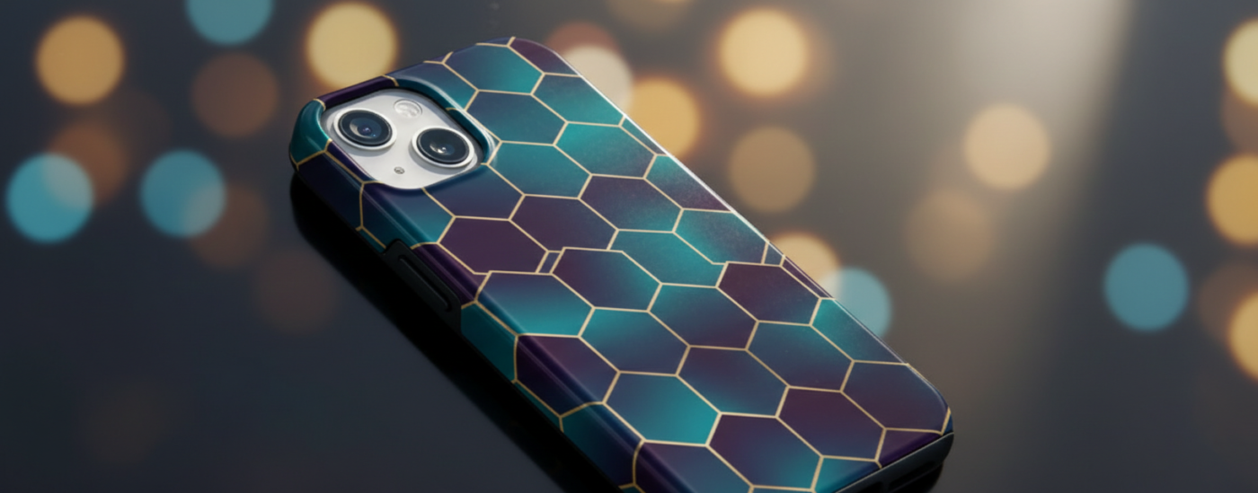 A close-up shot of a smartphone wearing a durable phone case with a teal and purple honeycomb geometric pattern, resting on a dark reflective surface with a warm bokeh light background