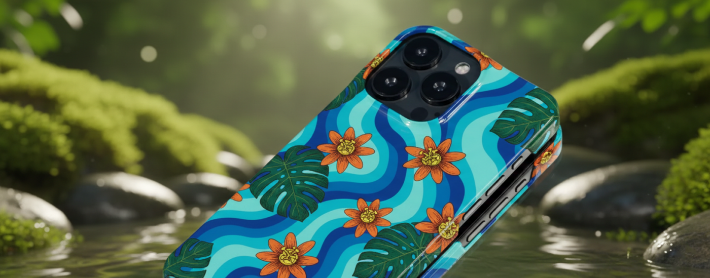 Close-up shot of a smartphone case with a blue wavy pattern featuring orange flowers and monstera leaves, angled over a peaceful mossy stream with soft bokeh sunlight.