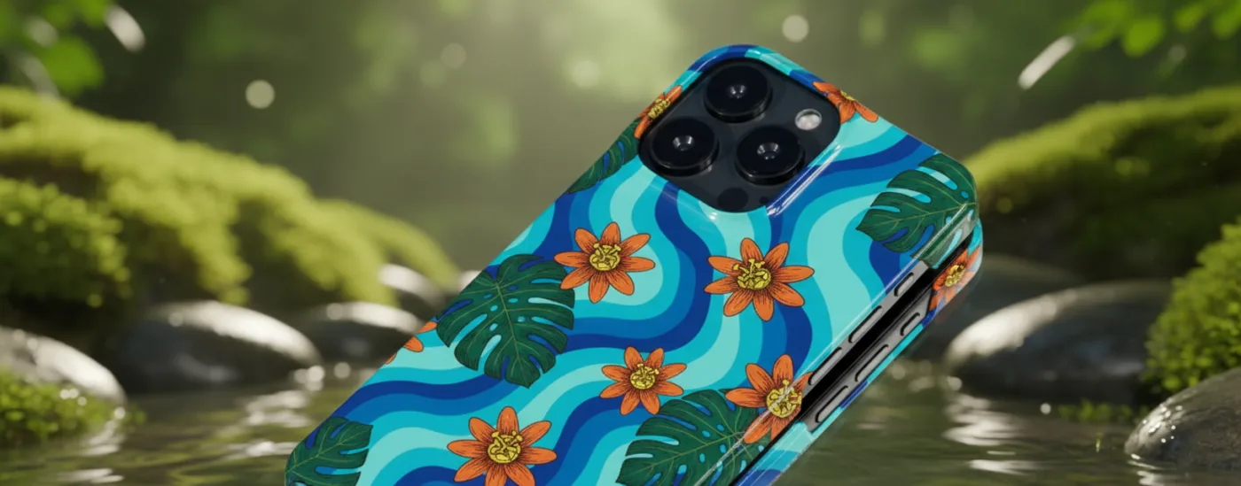 Close-up shot of a smartphone case with a blue wavy pattern featuring orange flowers and monstera leaves, angled over a peaceful mossy stream with soft bokeh sunlight.