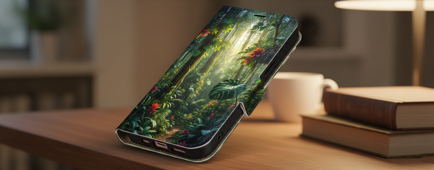 A wallet phone case with a lush tropical jungle and flower path design, propped up in a kickstand position on a wooden desk next to books and a lamp.