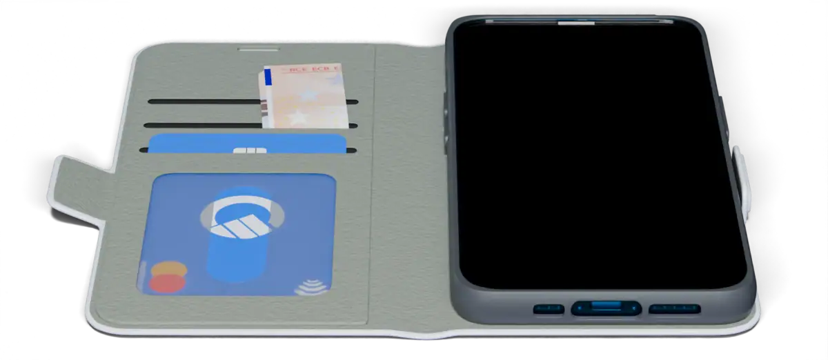 Open wallet-style phone case displaying a light gray interior with slots for credit cards and cash on the left, and a smartphone held in a protective frame on the right.