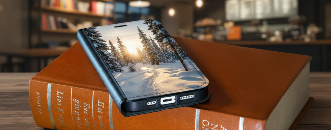 A wallet-style phone case featuring a snowy forest sunset design, resting on a stack of leather-bound books in a blurred library setting.