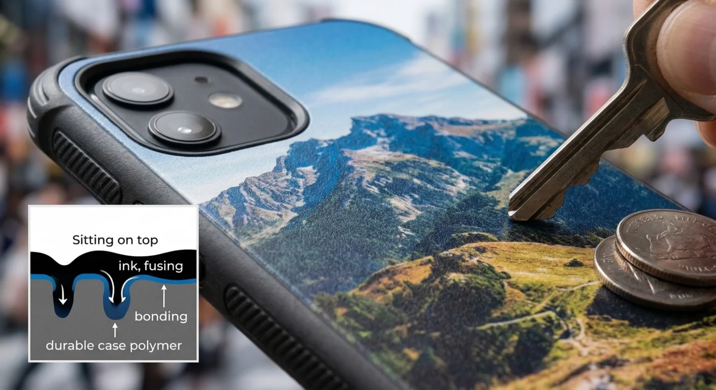 Close-up of a KURKIS custom phone case with a mountain landscape print being scratched by a key, alongside an inset diagram showing ink bonding deep into polymer.